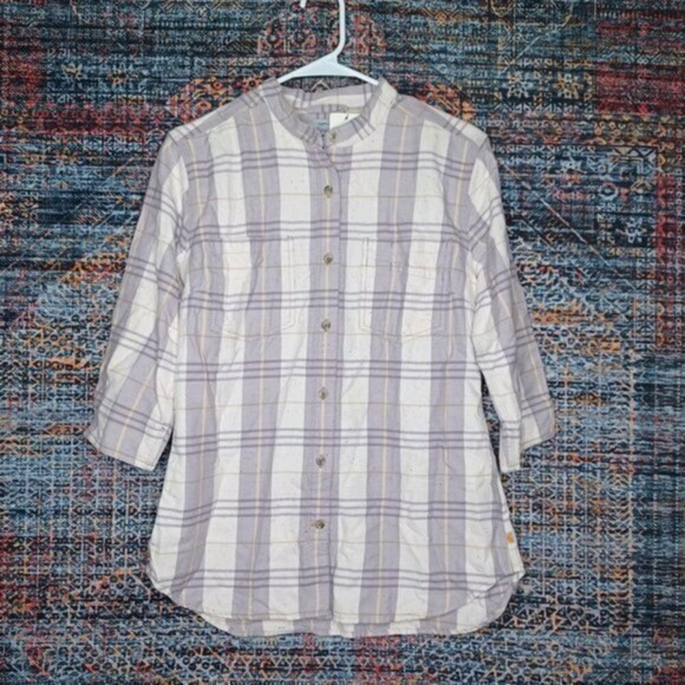 Carhartt women khaki white midweight speckled plaid 3/4 sleeve button top XS NWT